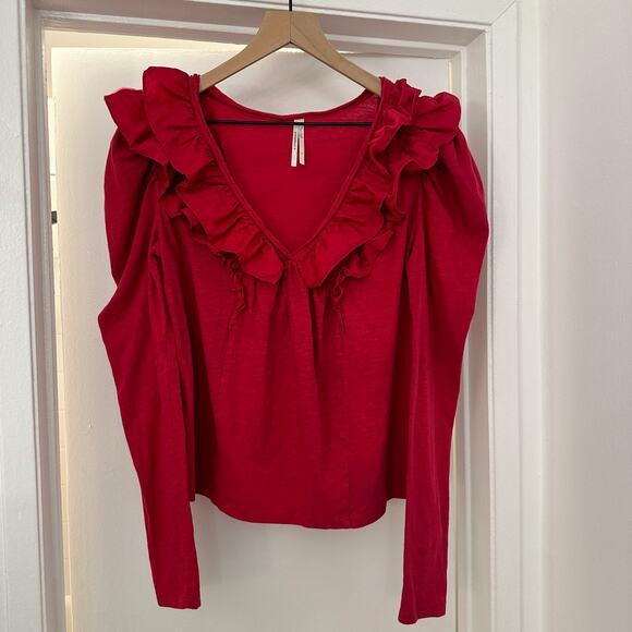ANTHROPOLOGIE Red Ruffle Blouse Shirt Top –  Small - Picture 3 of 9
